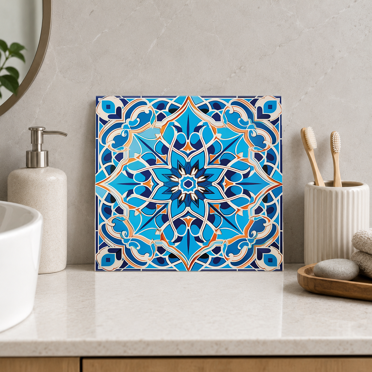 Azure Arabesque Rosette Tile displayed in the bathroom tile mock-up