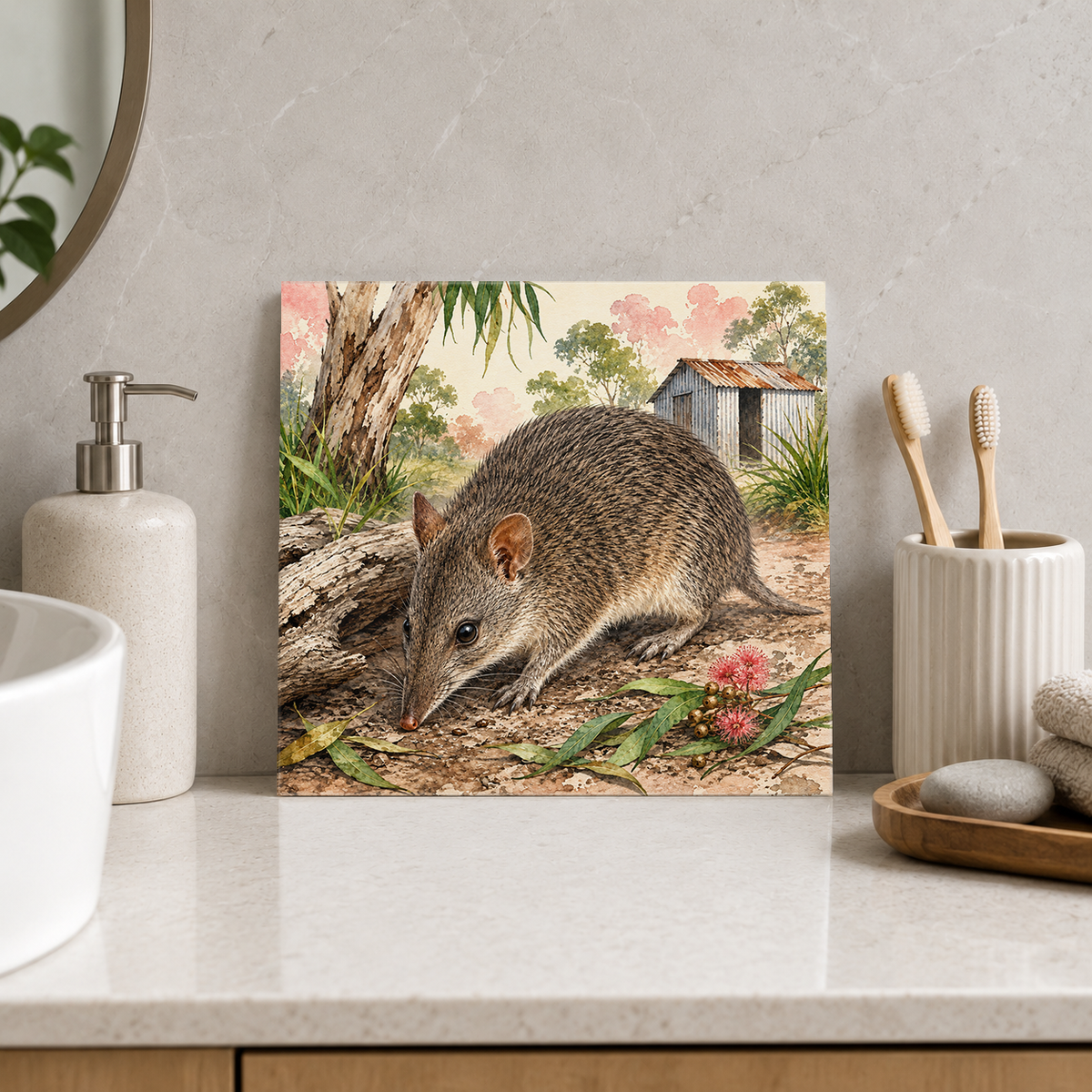 Bandicoot on the Country Path ceramic decorative tile in Pop Color, shown in a room mockup