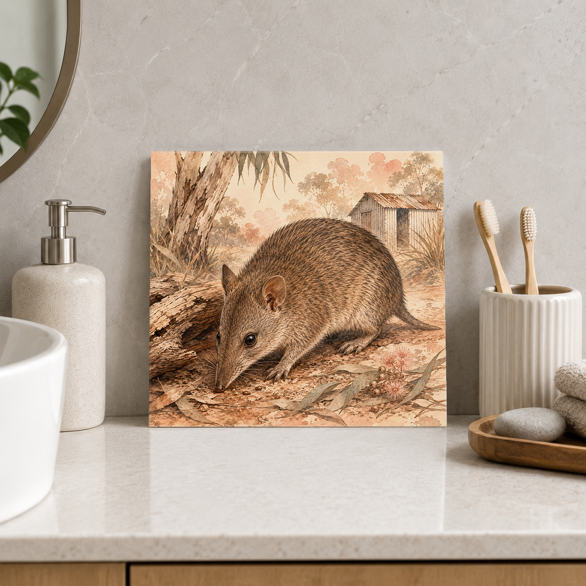 Bandicoot on the Country Path ceramic decorative tile in Warm Country, shown in a room mockup