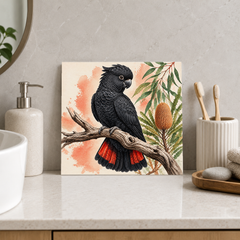 Banksia Black Cockatoo ceramic decorative tile in Pop Color, shown in a room mockup