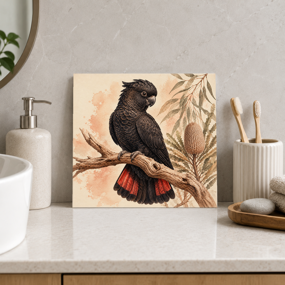 Banksia Black Cockatoo ceramic decorative tile in Warm Country, shown in a room mockup