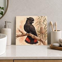 Banksia Black Cockatoo ceramic decorative tile in Warm Country, shown in a room mockup