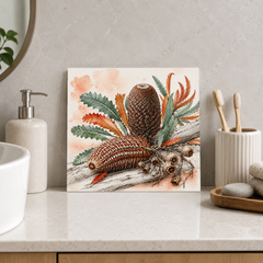 Banksia Cones ceramic decorative tile in Pop Color, shown in a room mockup