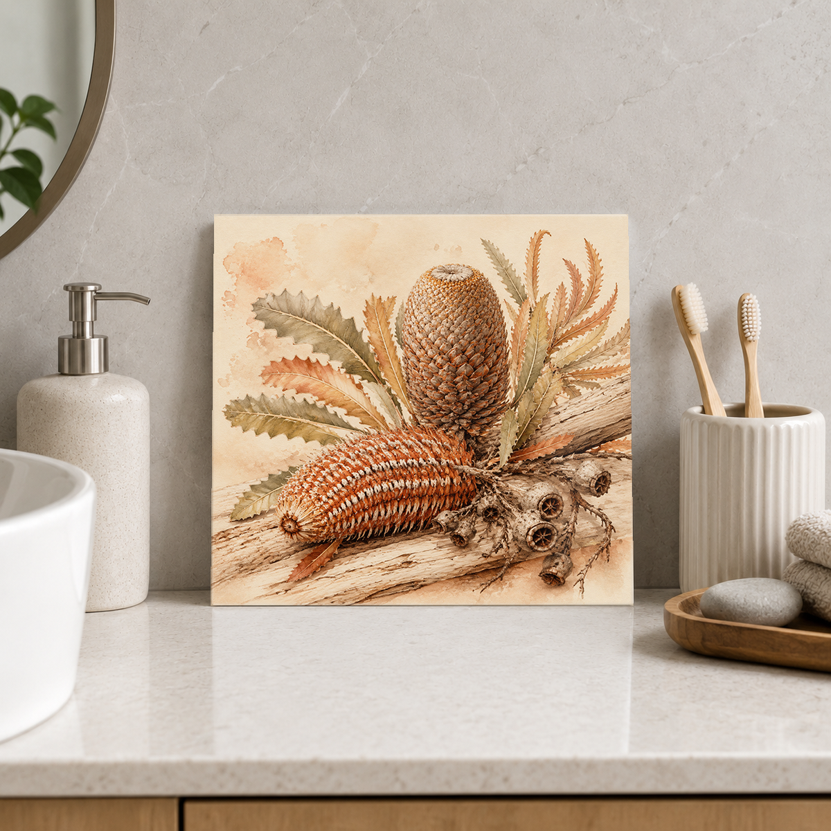 Banksia Cones ceramic decorative tile in Warm Country, shown in a room mockup