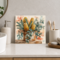 Banksia in a Tin ceramic decorative tile in Pop Color, shown in a room mockup