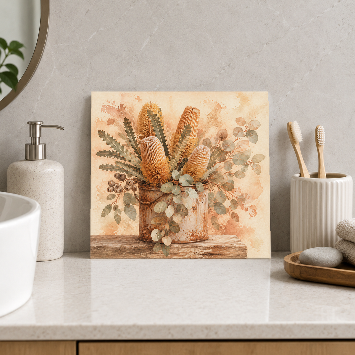 Banksia in a Tin ceramic decorative tile in Warm Country, shown in a room mockup