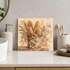 Banksia in a Tin ceramic decorative tile in Warm Country, shown in a room mockup