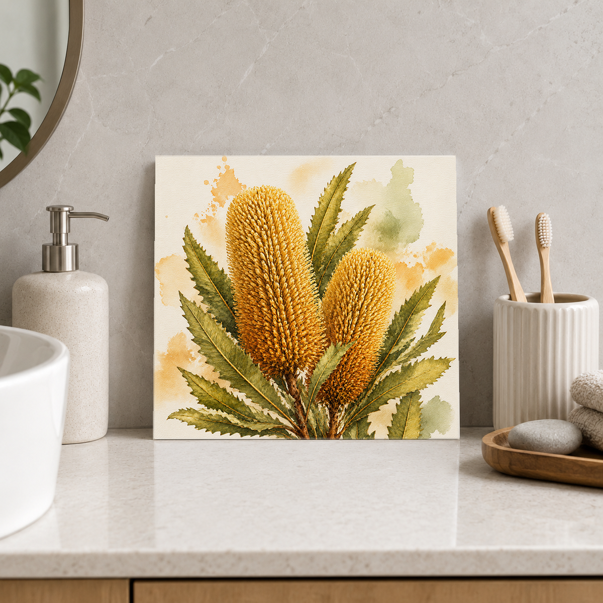 Banksia ceramic decorative tile in Pop Color, shown in a room mockup