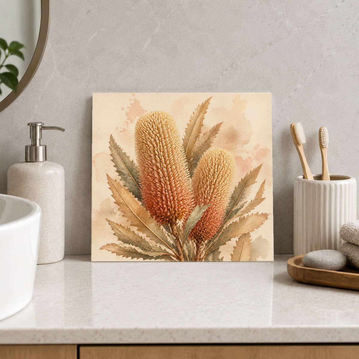 Banksia ceramic decorative tile in Warm Country, shown in a room mockup