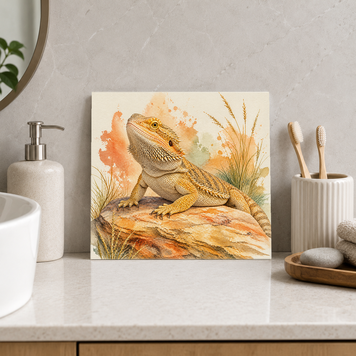 Bearded Dragon ceramic decorative tile in Pop Color, shown in a room mockup