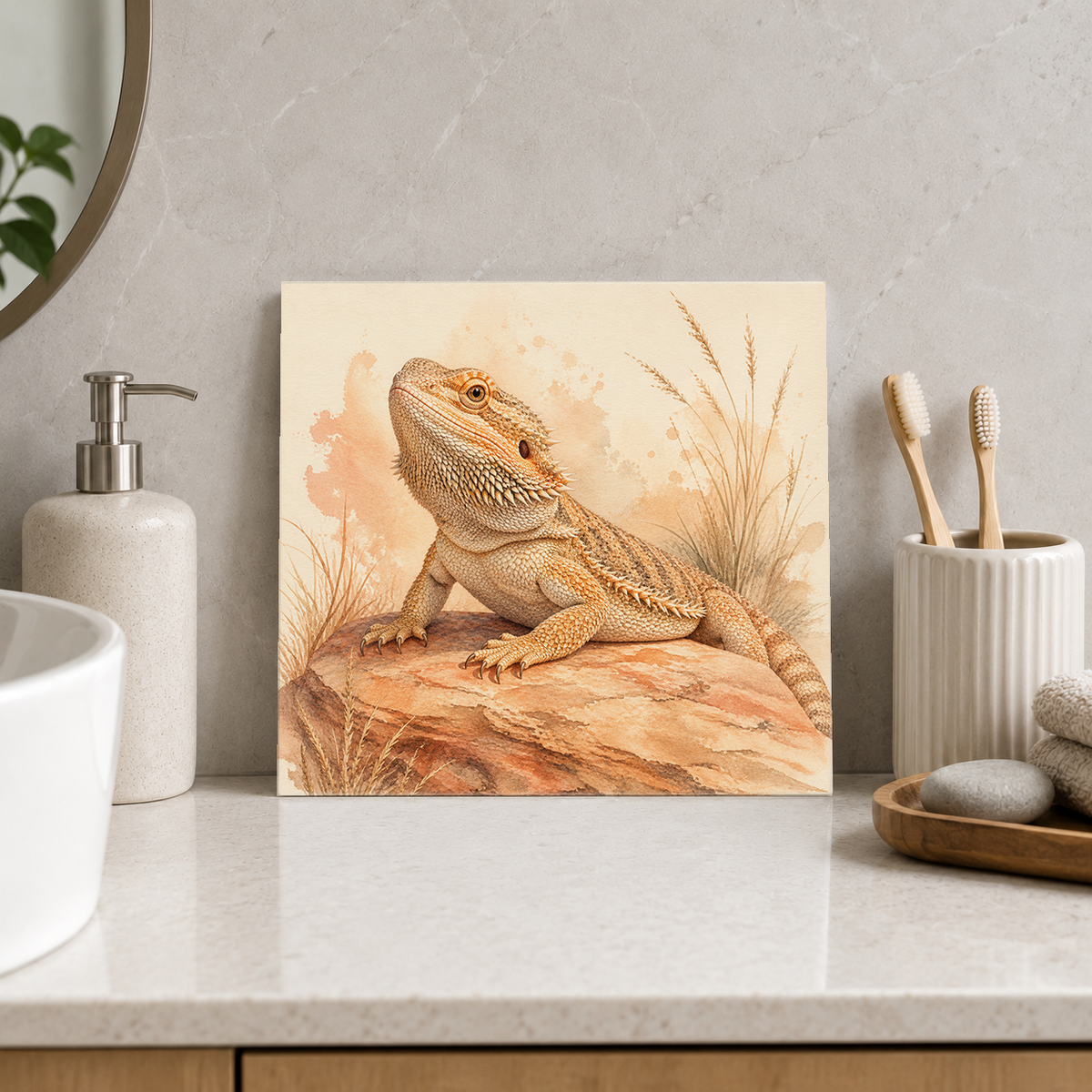 Bearded Dragon ceramic decorative tile in Warm Country, shown in a room mockup