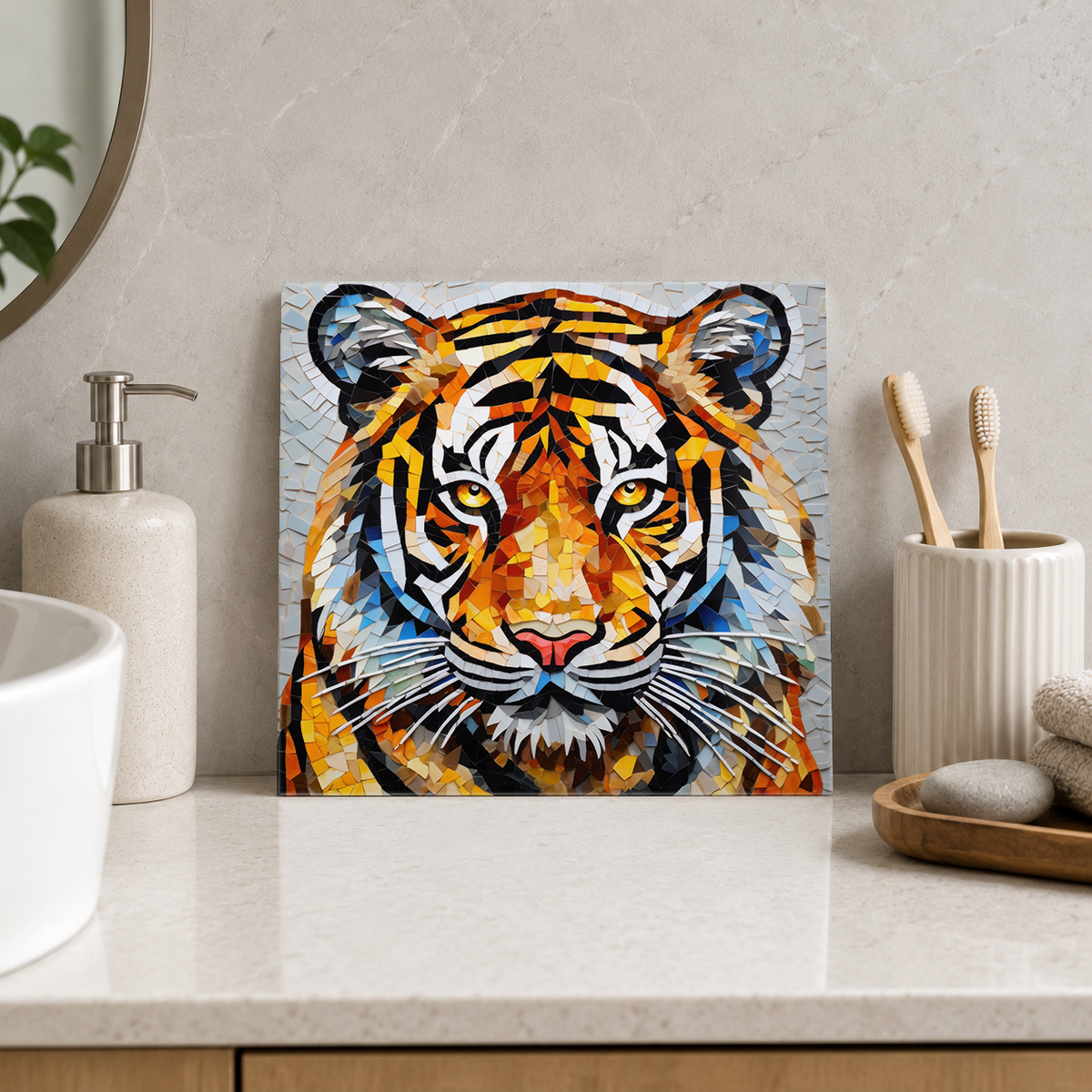Bengal Tiger Portrait Tile displayed in the bathroom tile mock-up