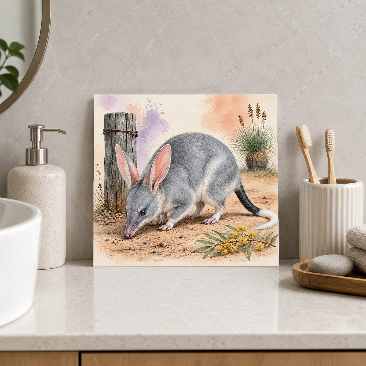 Bilby by the Bush Fence ceramic decorative tile in Pop Color, shown in a room mockup