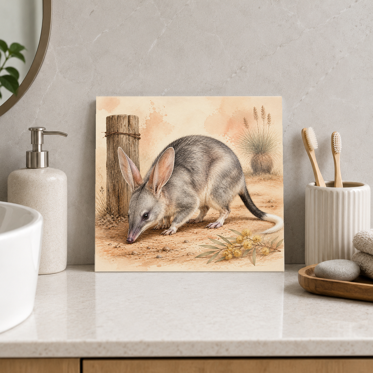 Bilby by the Bush Fence ceramic decorative tile in Warm Country, shown in a room mockup