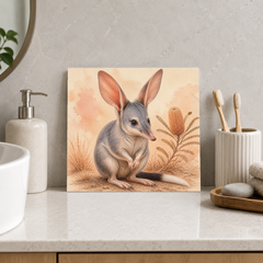 Bilby in the Evening Light ceramic decorative tile in Warm Country, shown in a room mockup