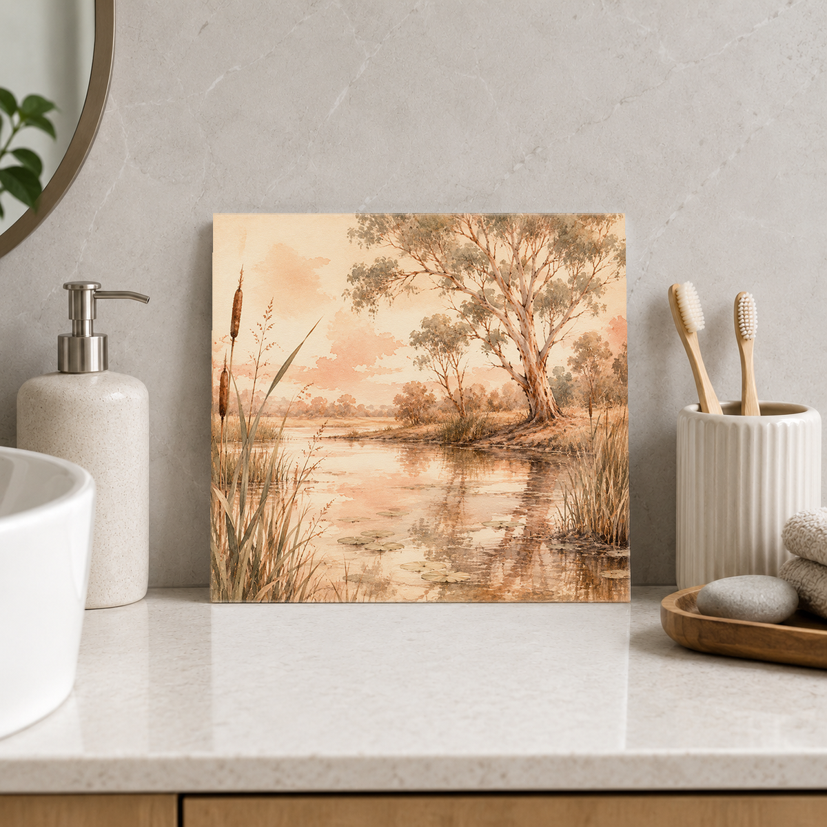Billabong ceramic decorative tile in Warm Country, shown in a room mockup