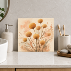 Billy Buttons ceramic decorative tile in Warm Country, shown in a room mockup