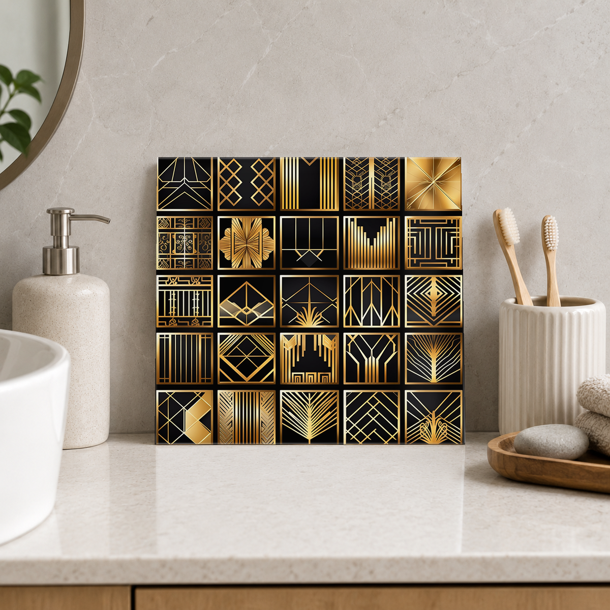 Black and Gold Pattern Sampler Tile displayed in the bathroom tile mock-up