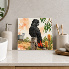 Black Cockatoo Fence Watch ceramic decorative tile in Pop Color, shown in a room mockup