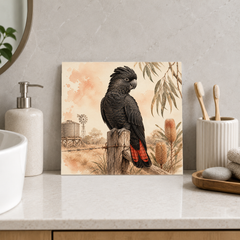 Black Cockatoo Fence Watch ceramic decorative tile in Warm Country, shown in a room mockup