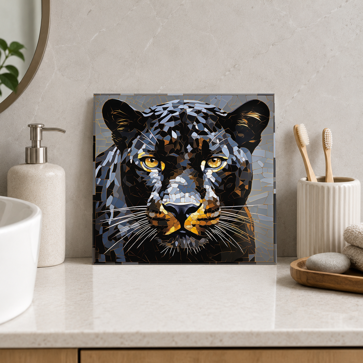 Black Panther Portrait Tile displayed in the bathroom tile mock-up