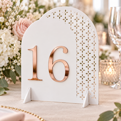 Blossom Cascade Arch Table Number in white with rose gold raised number and triangle feet