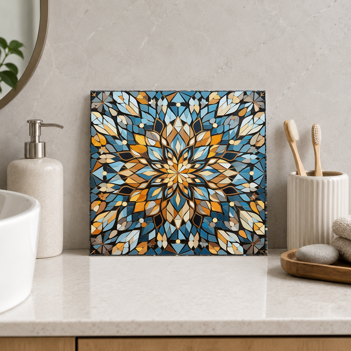 Blue and Amber Floral Burst Tile displayed in the bathroom tile mock-up