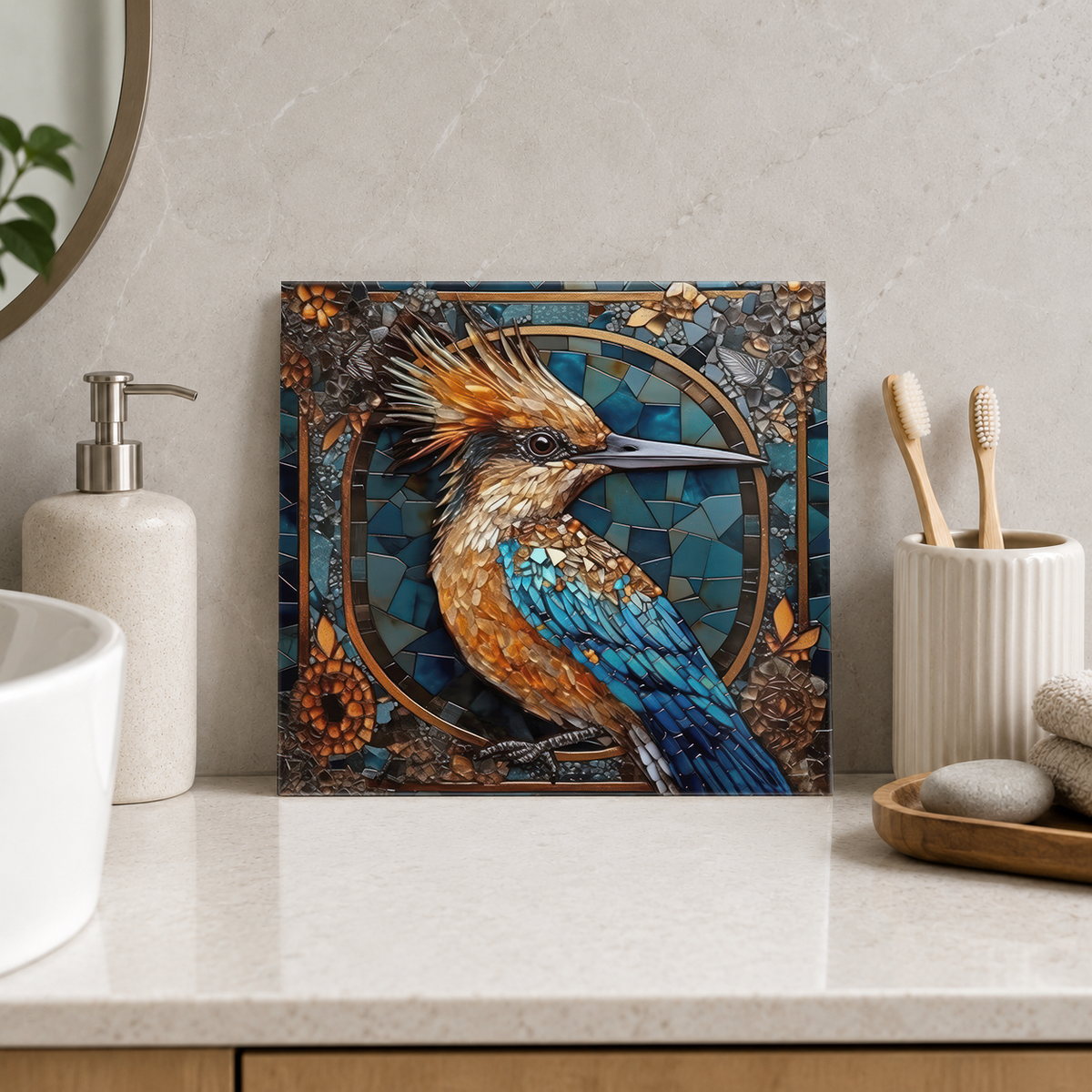 Blue and Amber Kingfisher Tile displayed in the bathroom tile mock-up