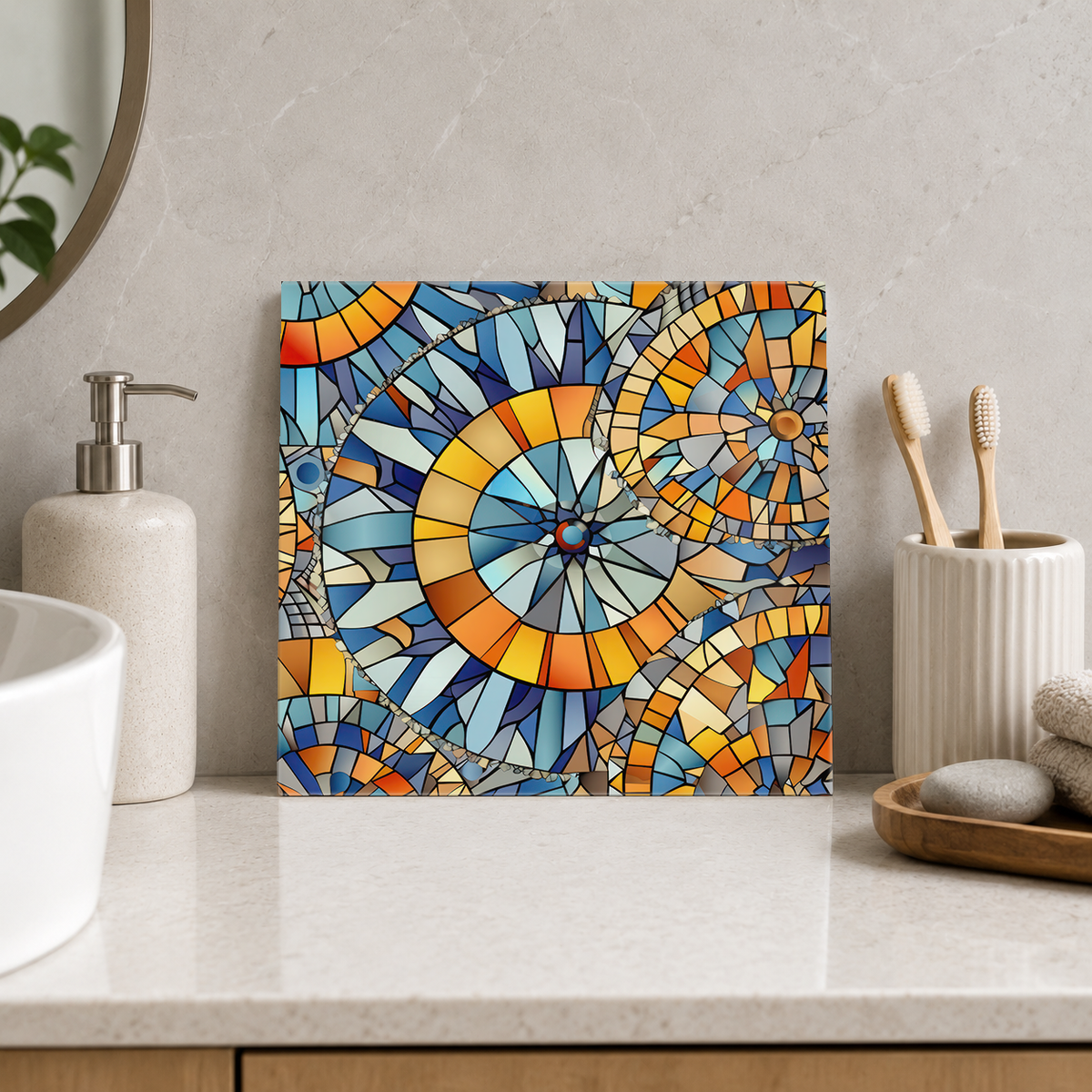 Blue and Amber Spiral Discs Tile displayed in the bathroom tile mock-up
