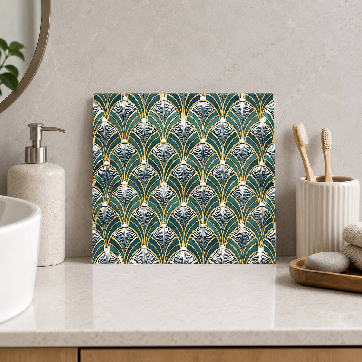 Blue and Gold Feather Scallops Tile displayed in the bathroom tile mock-up