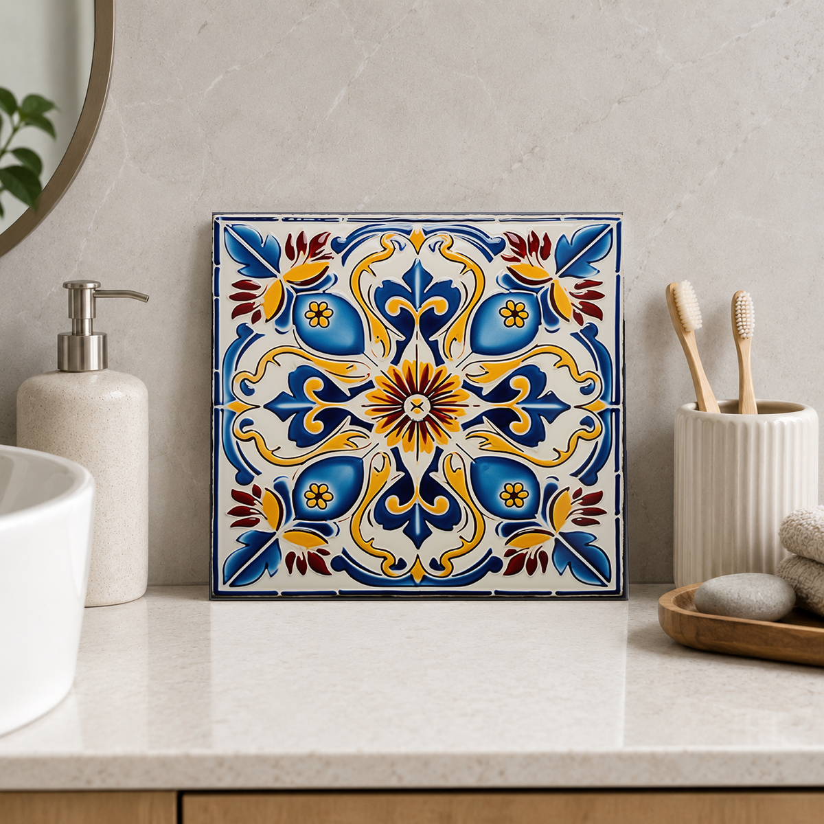 Blue and Gold Fleur de Lis Cross Tile displayed in the bathroom tile mock-up