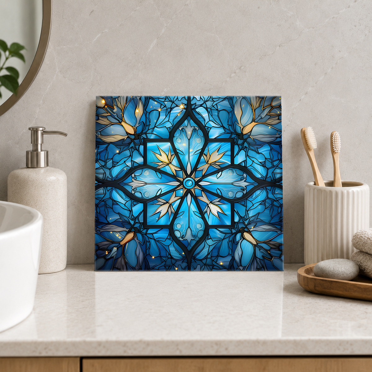 Blue and Gold Floral Cross Tile displayed in the bathroom tile mock-up