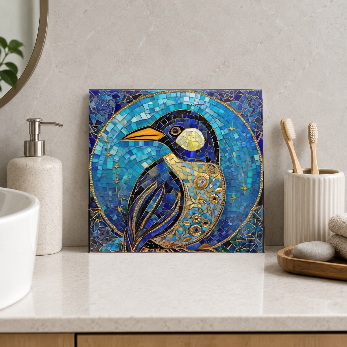 Blue and Gold Songbird Tile displayed in the bathroom tile mock-up