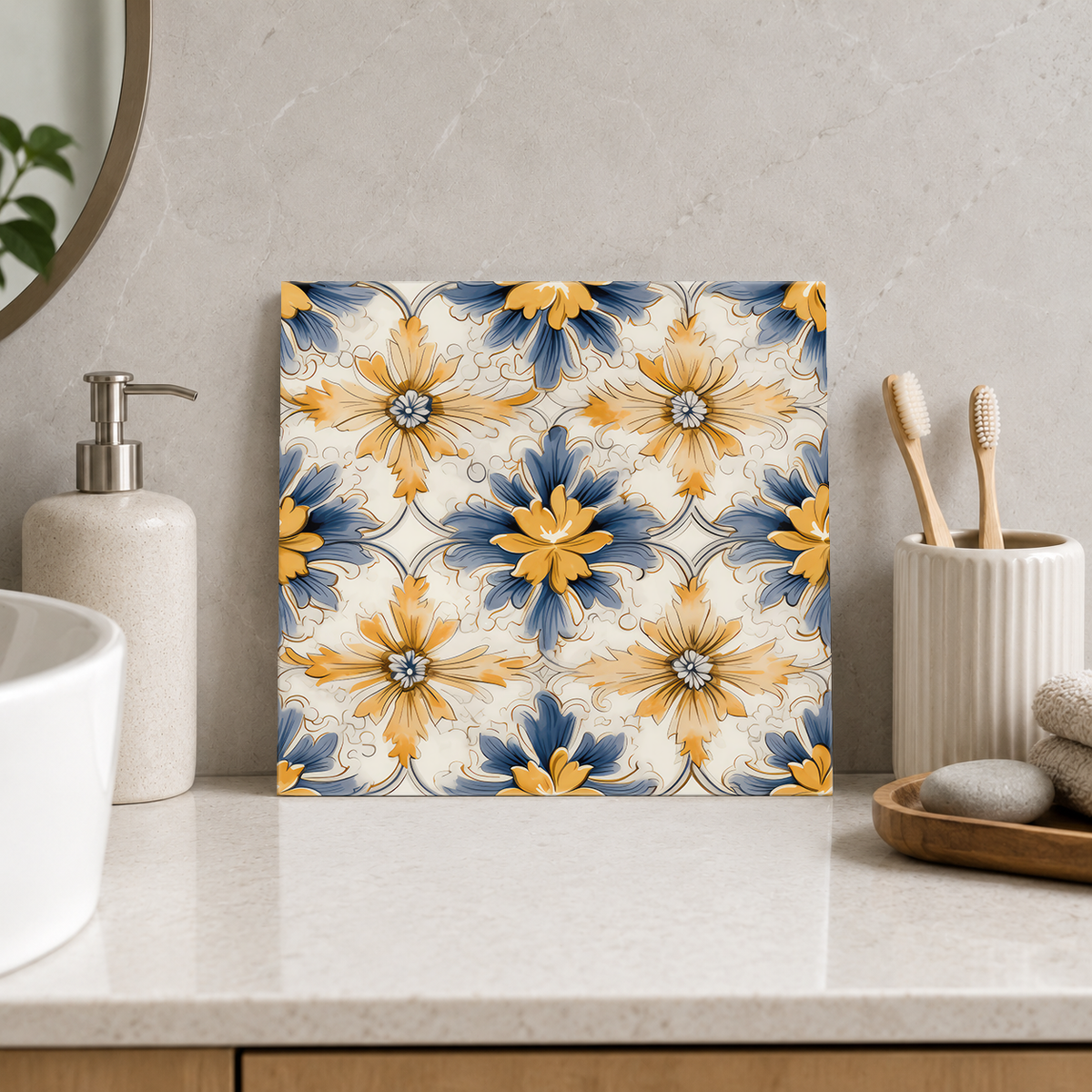 Blue and Golden Daisies Tile displayed in the bathroom tile mock-up
