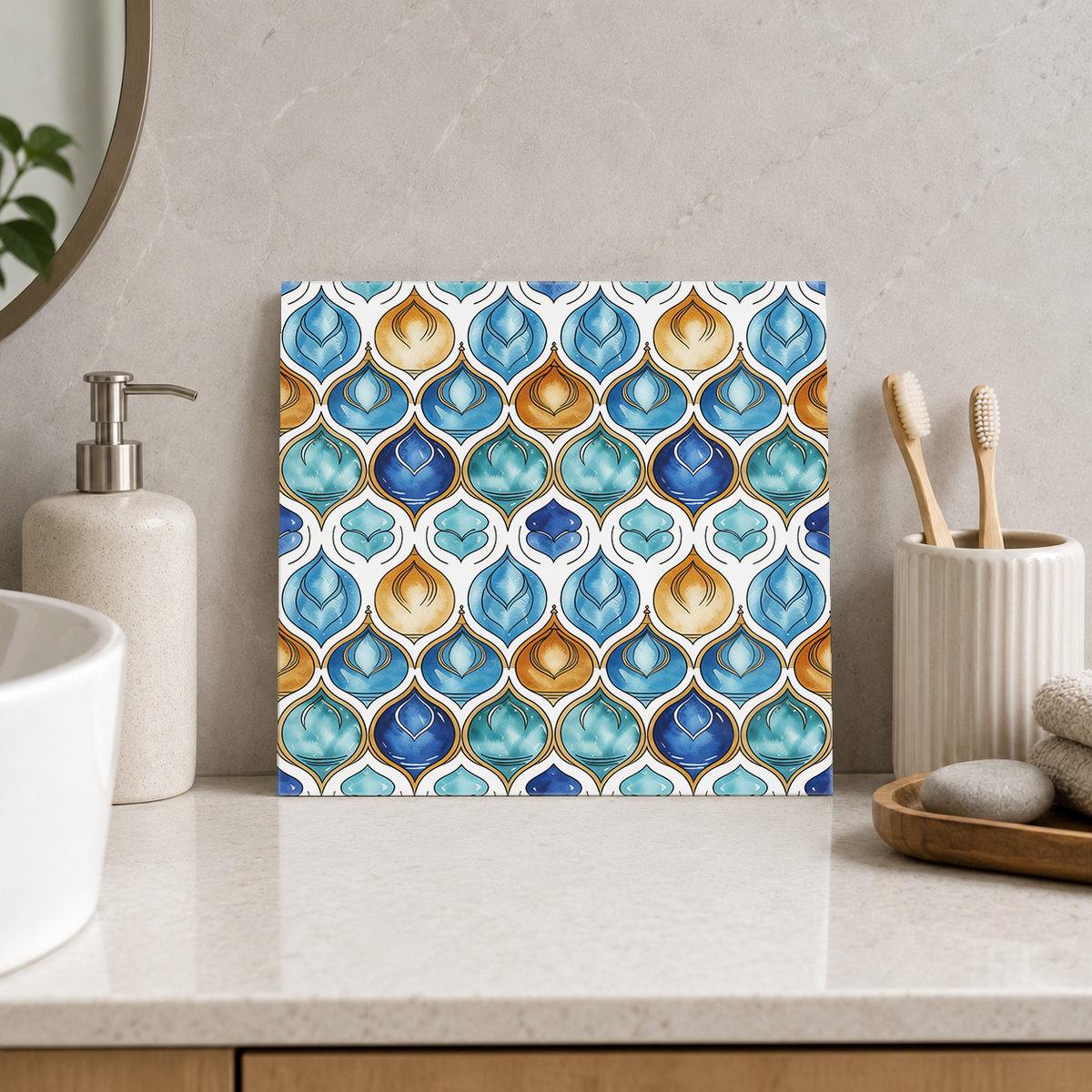 Blue and Honey Lantern Mosaic Tile displayed in the bathroom tile mock-up