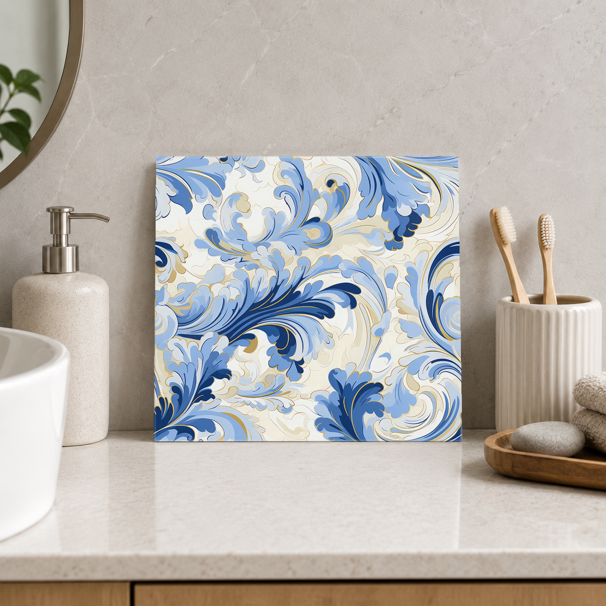 Blue and Ivory Flourishes Tile displayed in the bathroom tile mock-up