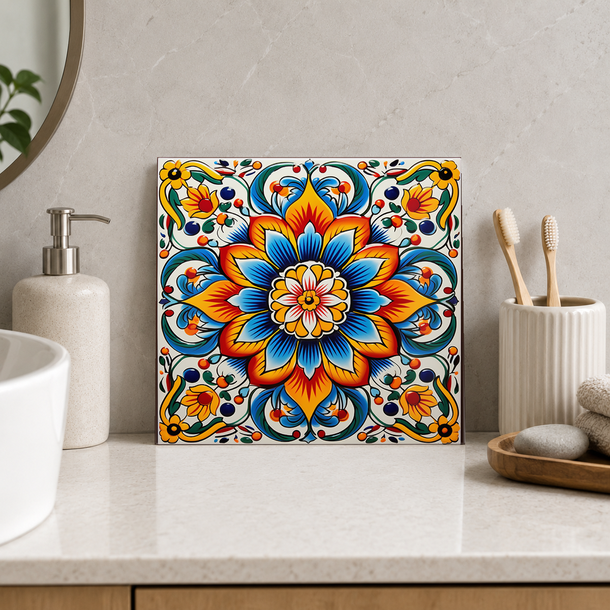 Blue and Orange Layered Flower Tile displayed in the bathroom tile mock-up