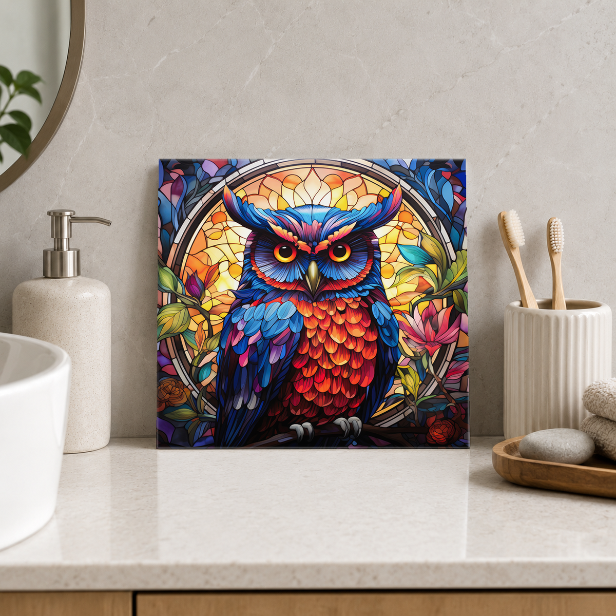 Blue and Orange Owl in Golden Arch Tile displayed in the bathroom tile mock-up