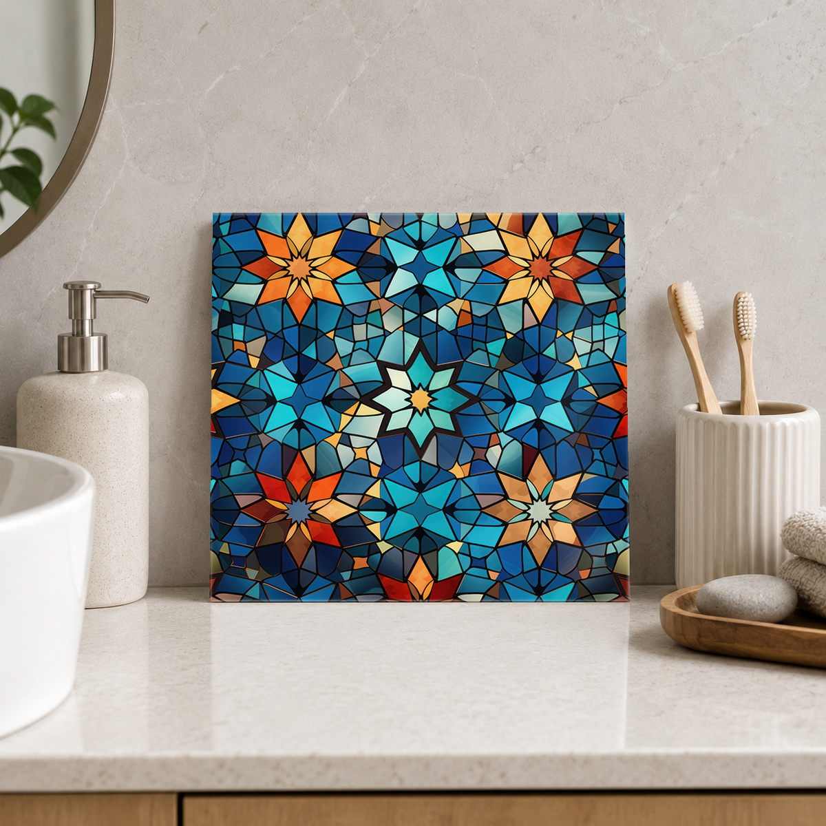 Blue and Orange Starflower Mosaic Tile displayed in the bathroom tile mock-up