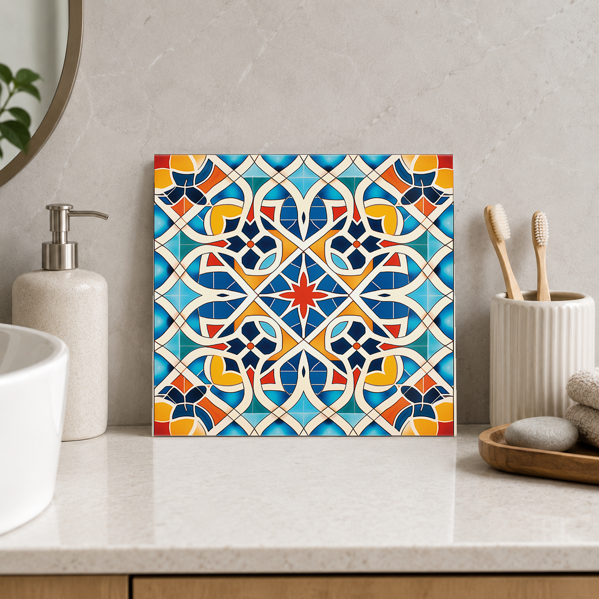 Blue and Orange Woven Lattice Tile displayed in the bathroom tile mock-up