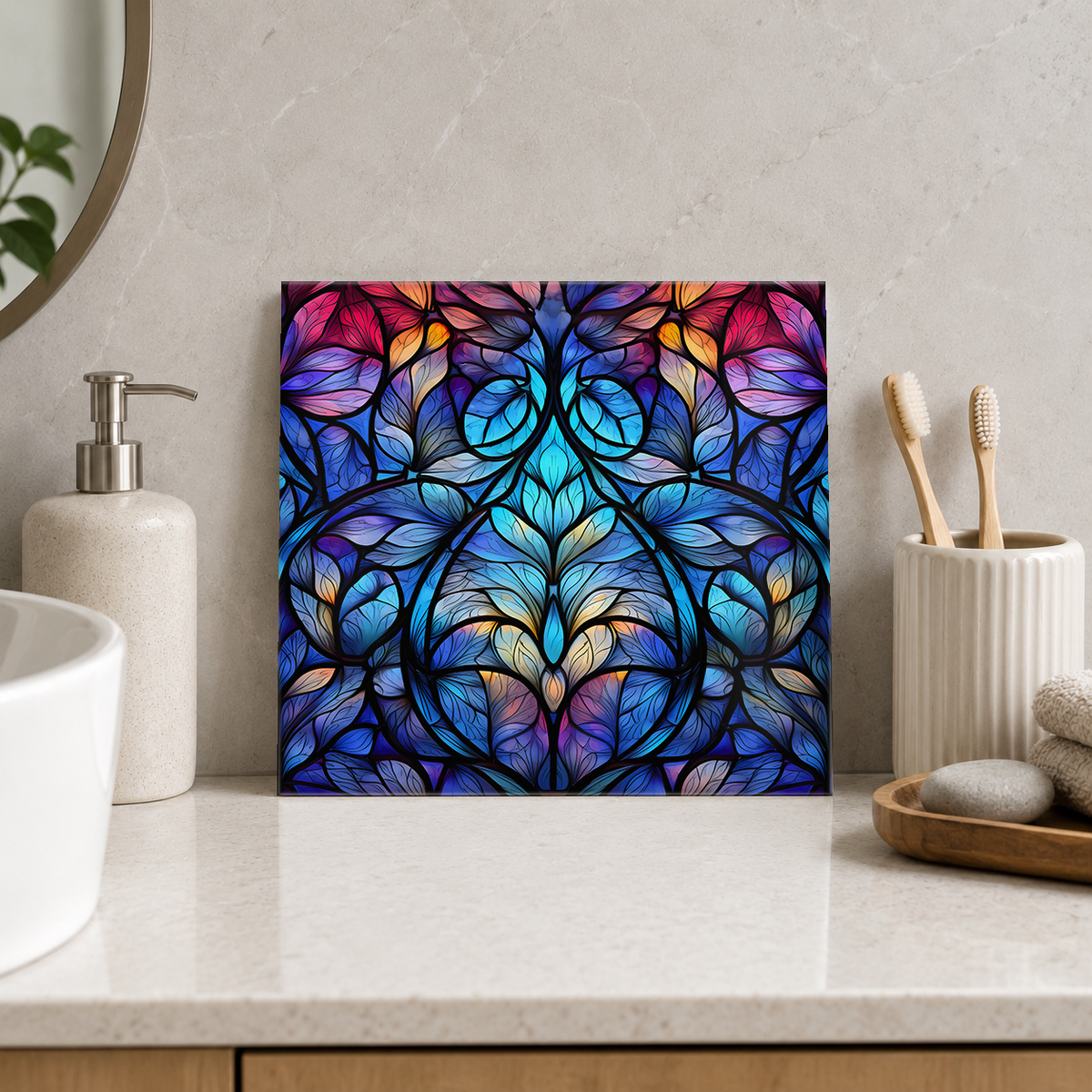 Blue and Purple Leaf Medallion Tile displayed in the bathroom tile mock-up