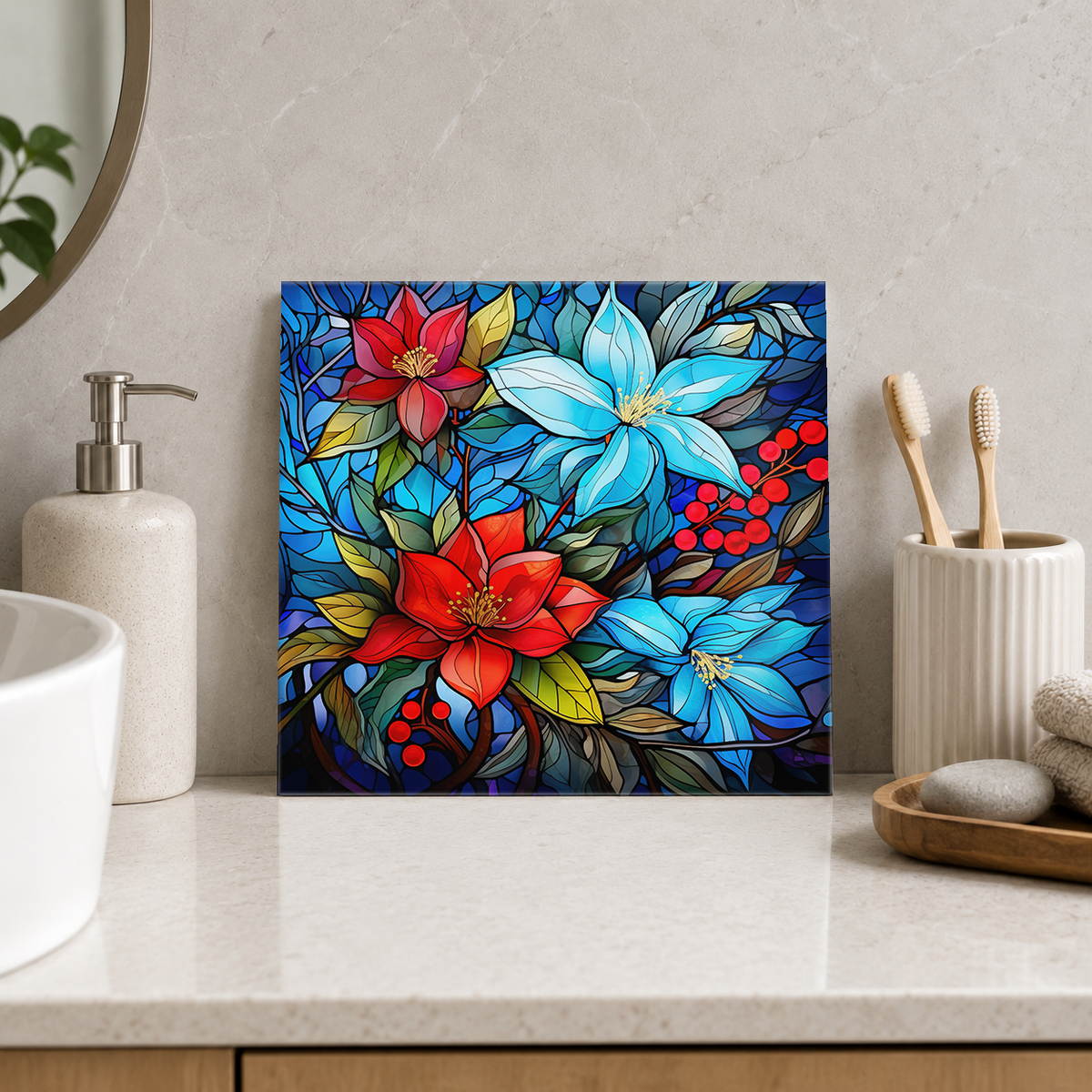 Blue and Red Starflowers Tile displayed in the bathroom tile mock-up
