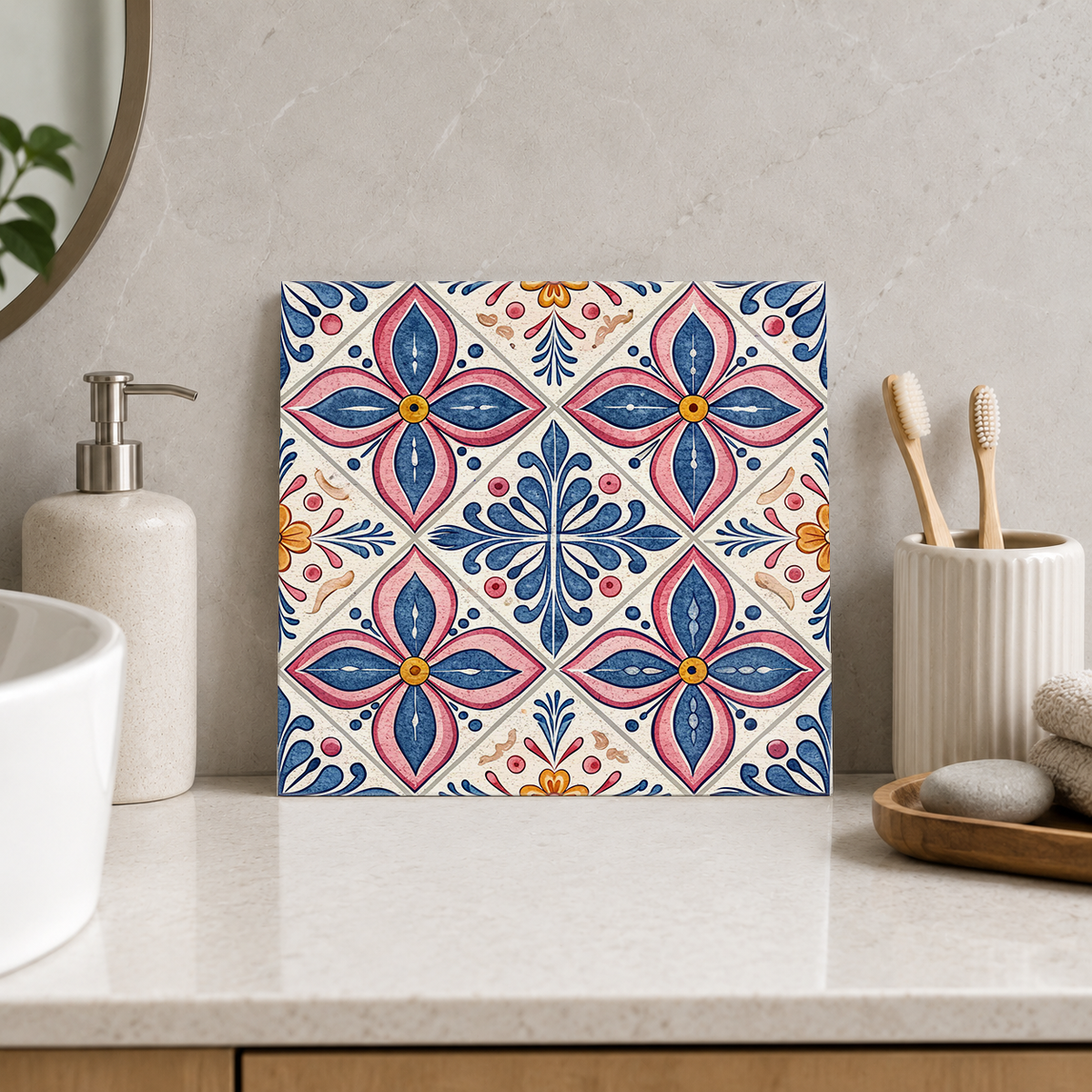 Blue and Rose Four Petal Flowers Tile displayed in the bathroom tile mock-up