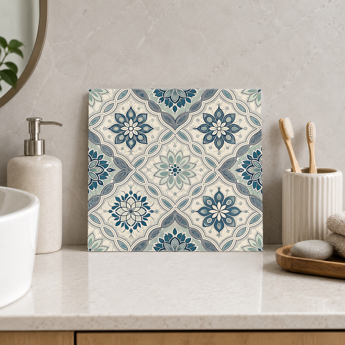 Blue and Sage Quatrefoil Patchwork Tile displayed in the bathroom tile mock-up