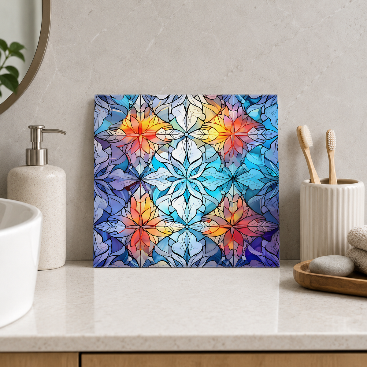 Blue and Sunset Floral Patchwork Tile displayed in the bathroom tile mock-up