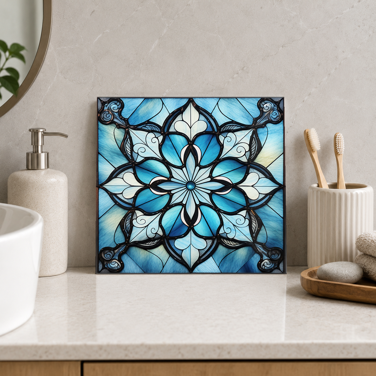Blue and White Floral Cross Tile displayed in the bathroom tile mock-up