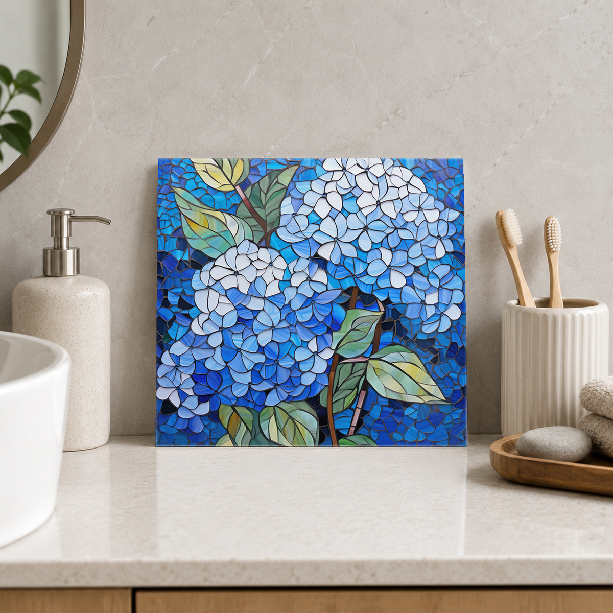 Blue and White Hydrangeas Tile displayed in the bathroom tile mock-up