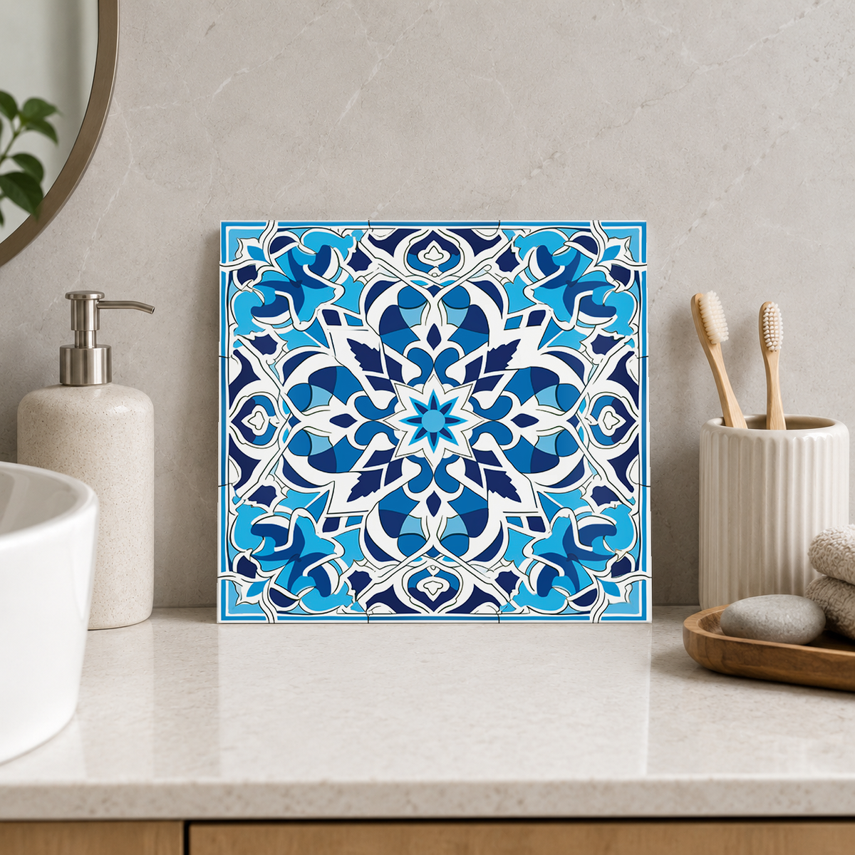 Blue and White Interlaced Flower Tile displayed in the bathroom tile mock-up