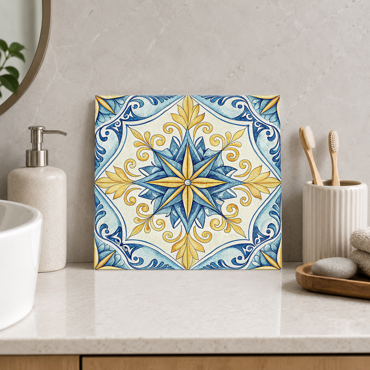 Blue and Yellow Compass Flower Tile displayed in the bathroom tile mock-up