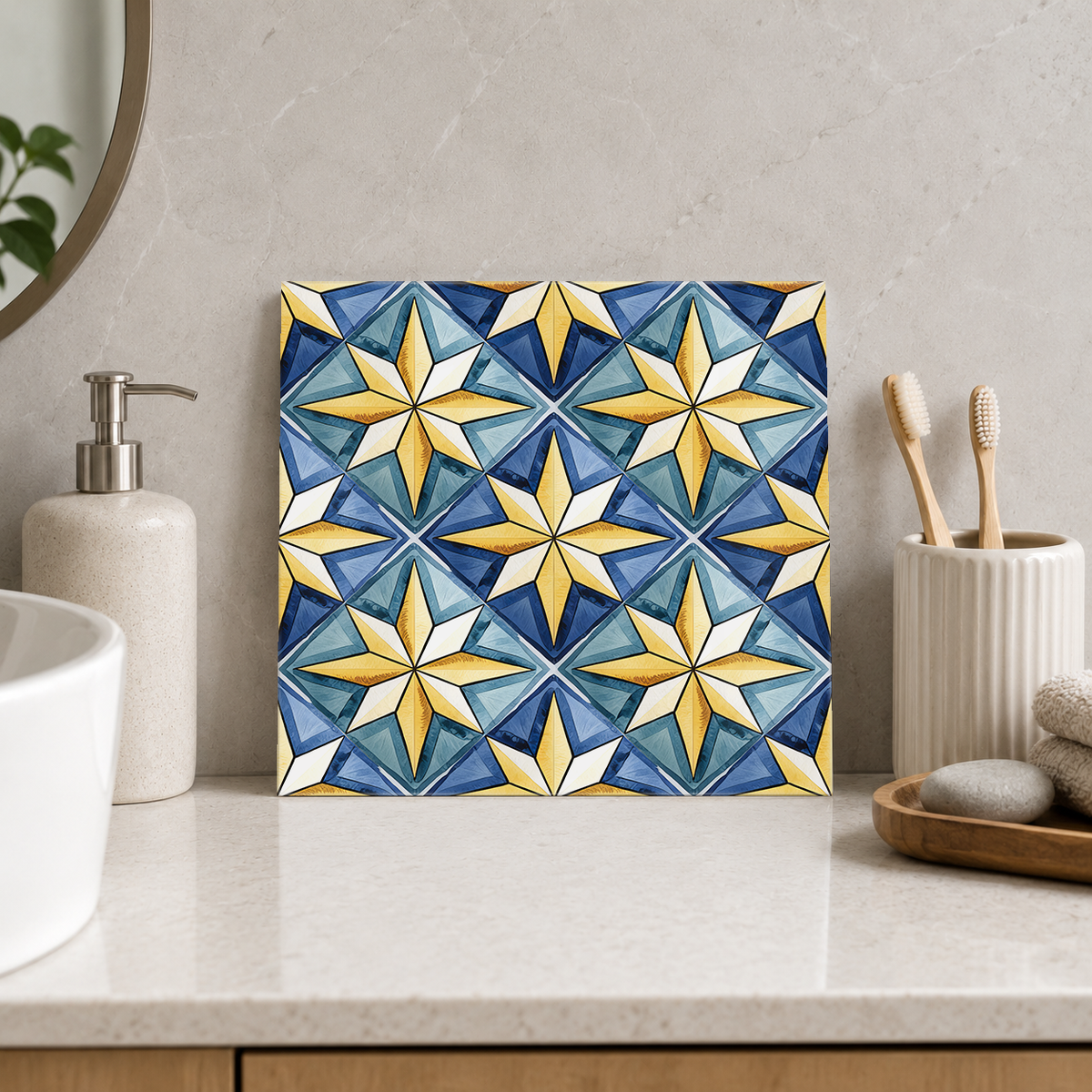 Blue and Yellow Faceted Stars Tile displayed in the bathroom tile mock-up